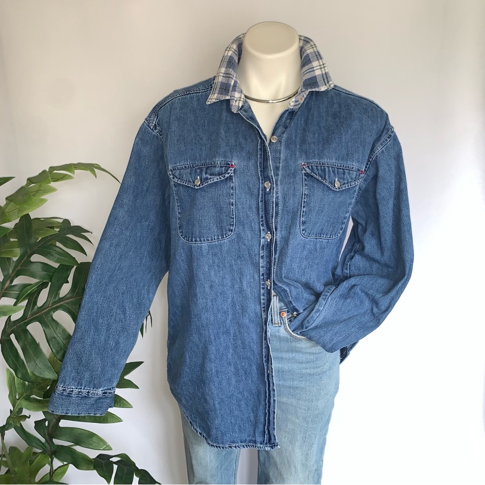 v i n t a g e :: Denim Flannel Jeans Shirt Pearl Buttons Slouchy